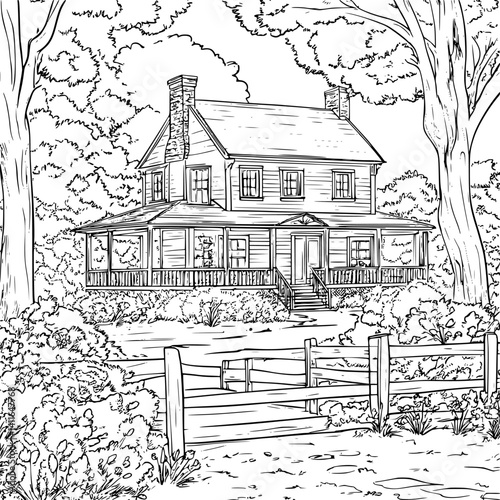 Farmhouse style Grange hall coloring book design, Farmhouse style Grange hall vector illustration