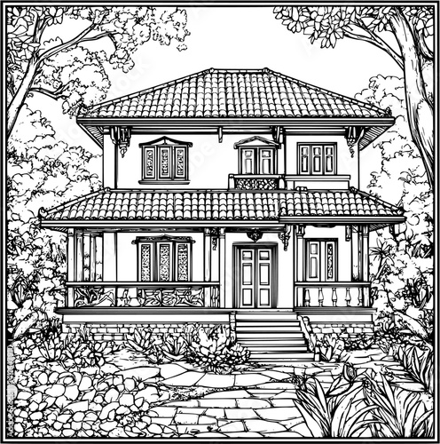 Mediterranean style Farmhouse coloring book design, Mediterranean style Farmhouse vector illustration
