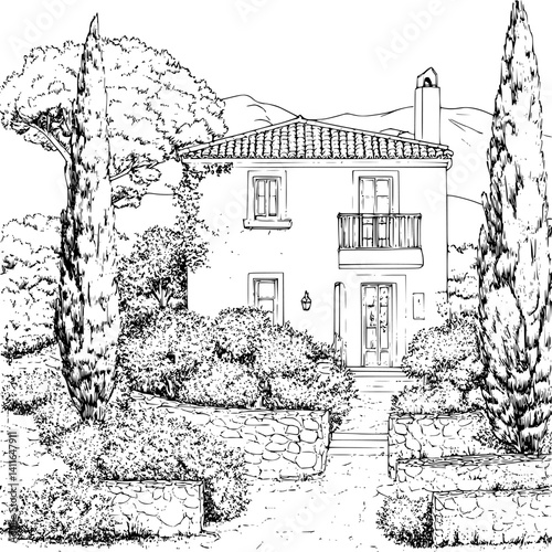 Mediterranean style Estate coloring book design, Mediterranean style Estate vector illustration