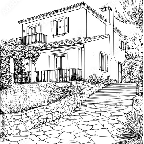 Mediterranean style Terrace home coloring book design, Mediterranean style Terrace home vector illustration
