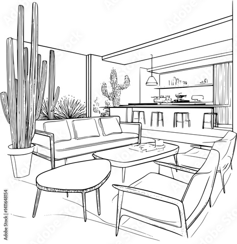 Mid-Century Modern style Hotel coloring book design, Mid-Century Modern style Hotel vector illustration