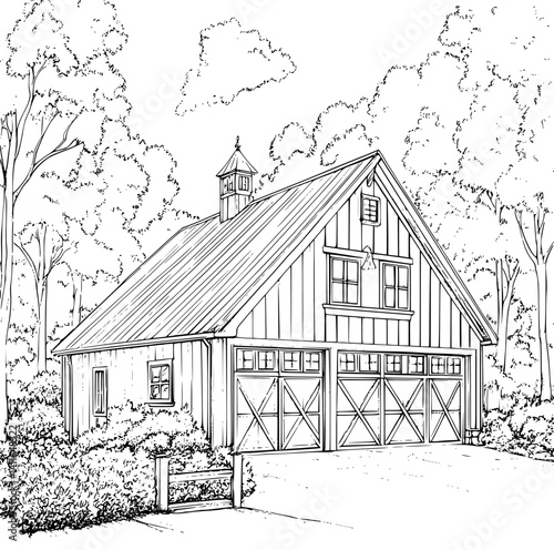 Modern Farmhouse style Garage coloring book design, Modern Farmhouse style Garage vector illustration