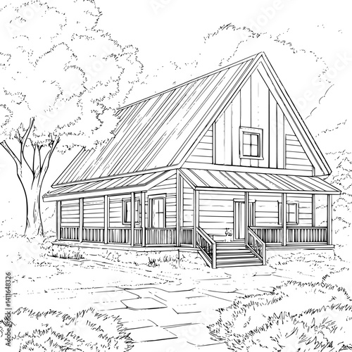 Modern Farmhouse style Guesthouse coloring book design, Modern Farmhouse style Guesthouse vector illustration