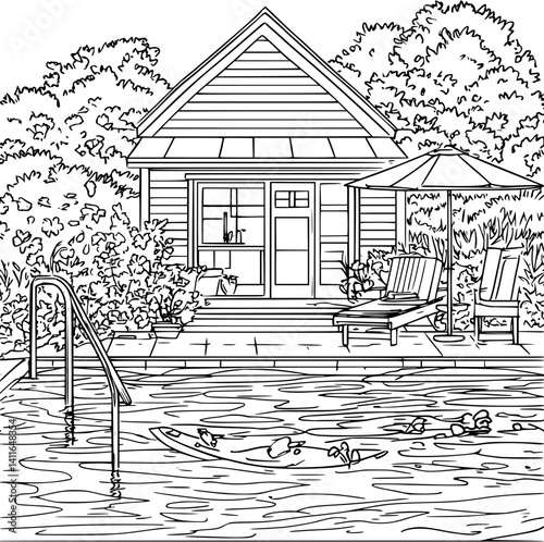 Modern Farmhouse style Pool house coloring book design, Modern Farmhouse style Pool house vector illustration