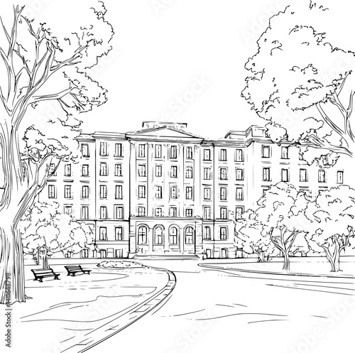 Modern style University building coloring book design, Modern style University building vector illustration