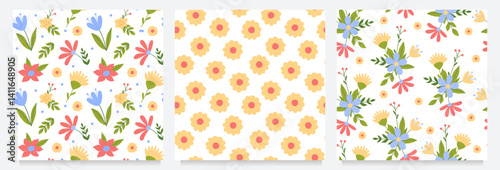 Set with bright seamless floral patterns. Collection of kids cute prints for textile wrapping scrap paper. Simple childish vector illustration
