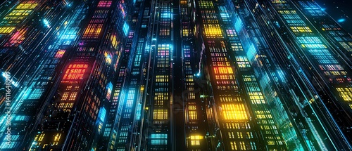Vibrant cityscape with colorful lights at night.