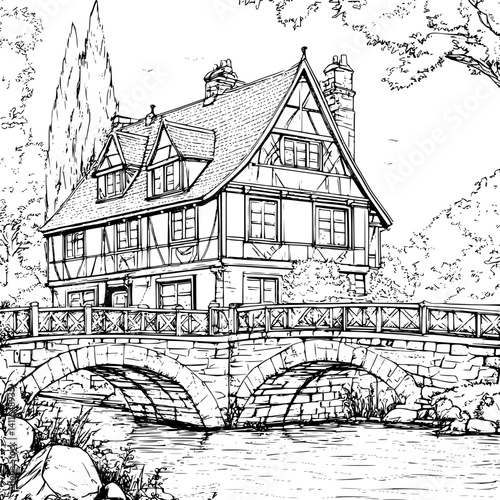 Tudor style Bridge house coloring book design, Tudor style Bridge house vector illustration