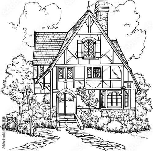 Tudor style Farmhouse coloring book design, Tudor style Farmhouse vector illustration