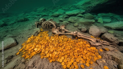 Underwater skeleton surrounded by orange coins. photo