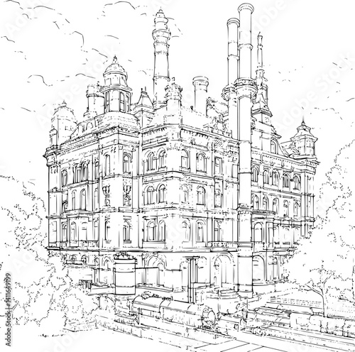 Victorian style Factory coloring book design, Victorian style Factory vector illustration