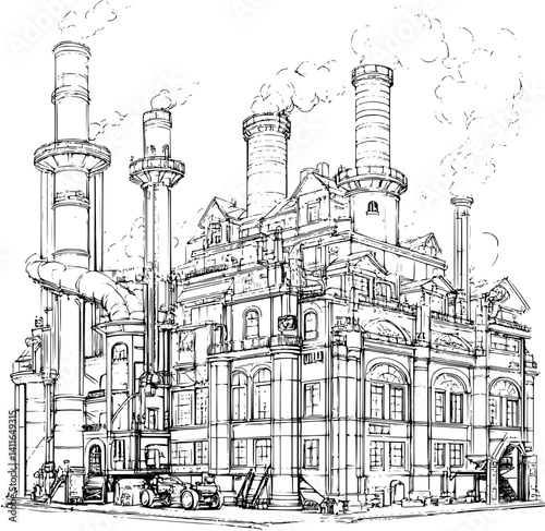 Victorian style Power plant coloring book design, Victorian style Power plant vector illustration