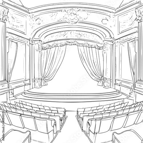Victorian style Theater coloring book design, Victorian style Theater vector illustration