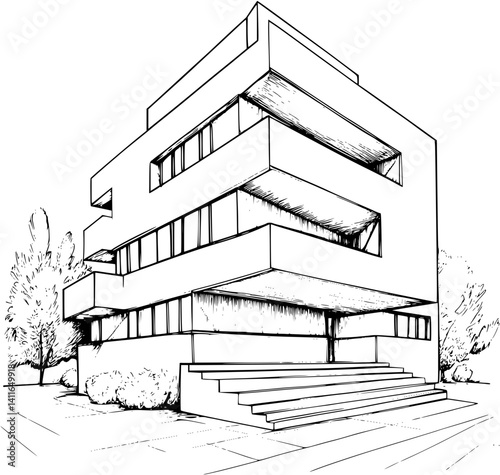 Bauhaus style Dormitory coloring book design, Bauhaus style Dormitory illustration art