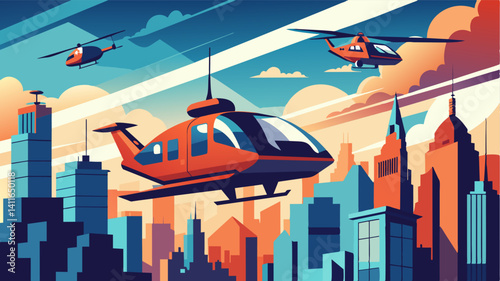 Hovering above the crowded streets air taxis offer a serene and panoramic view of the city below allowing passengers to escape the chaos and traffic on the ground.. Vector illustration