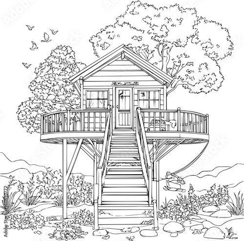 Craftsman style Treehouse coloring book design, Craftsman style Treehouse illustration art