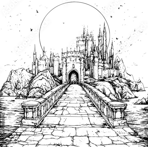 Gothic style Bridge coloring book design, Gothic style Bridge illustration art