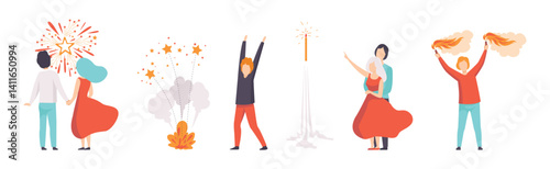 People Characters Launching and Watching Explosion of Fireworks Vector Set