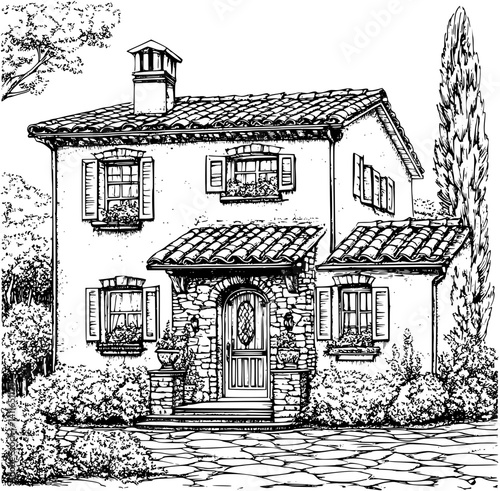 Mediterranean style Cottage coloring book design, Mediterranean style Cottage illustration art