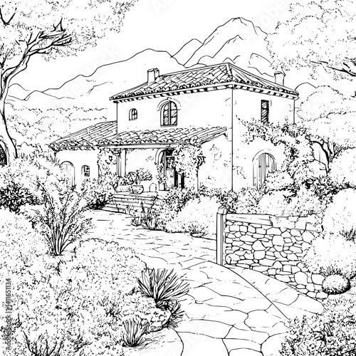Mediterranean style Country retreat coloring book design, Mediterranean style Country retreat illustration art