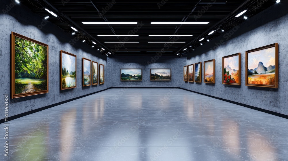 Fototapeta premium Modern art gallery interior with landscape paintings