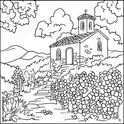 Modern Farmhouse style Winery coloring book design, Modern Farmhouse style Winery illustration art