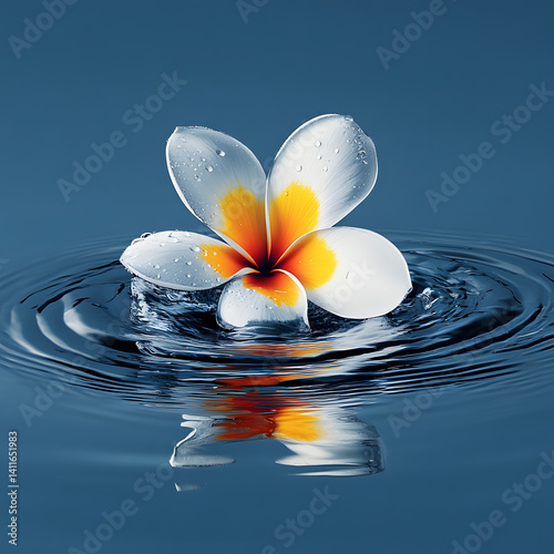 White plumeria flower floating on calm water, tropical spa vibe