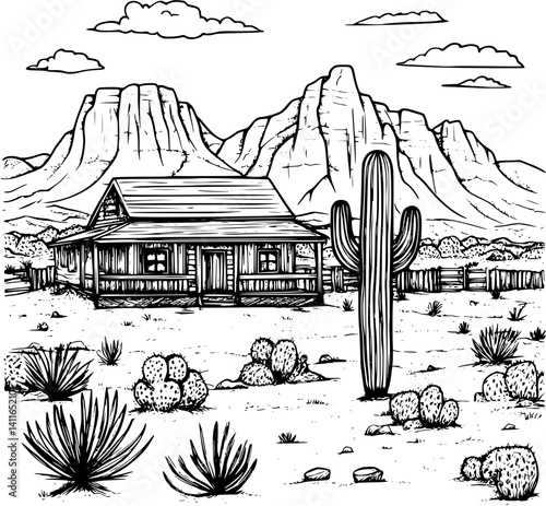 Ranch style Motel coloring book design, Ranch style Motel illustration art
