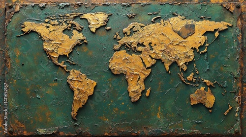 Wallpaper Mural Golden Embossed World Map on Rustic Metal Torontodigital.ca