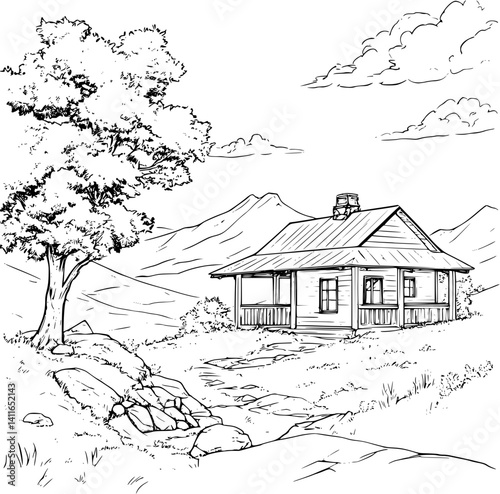 Ranch style Pavilion coloring book design, Ranch style Pavilion illustration art