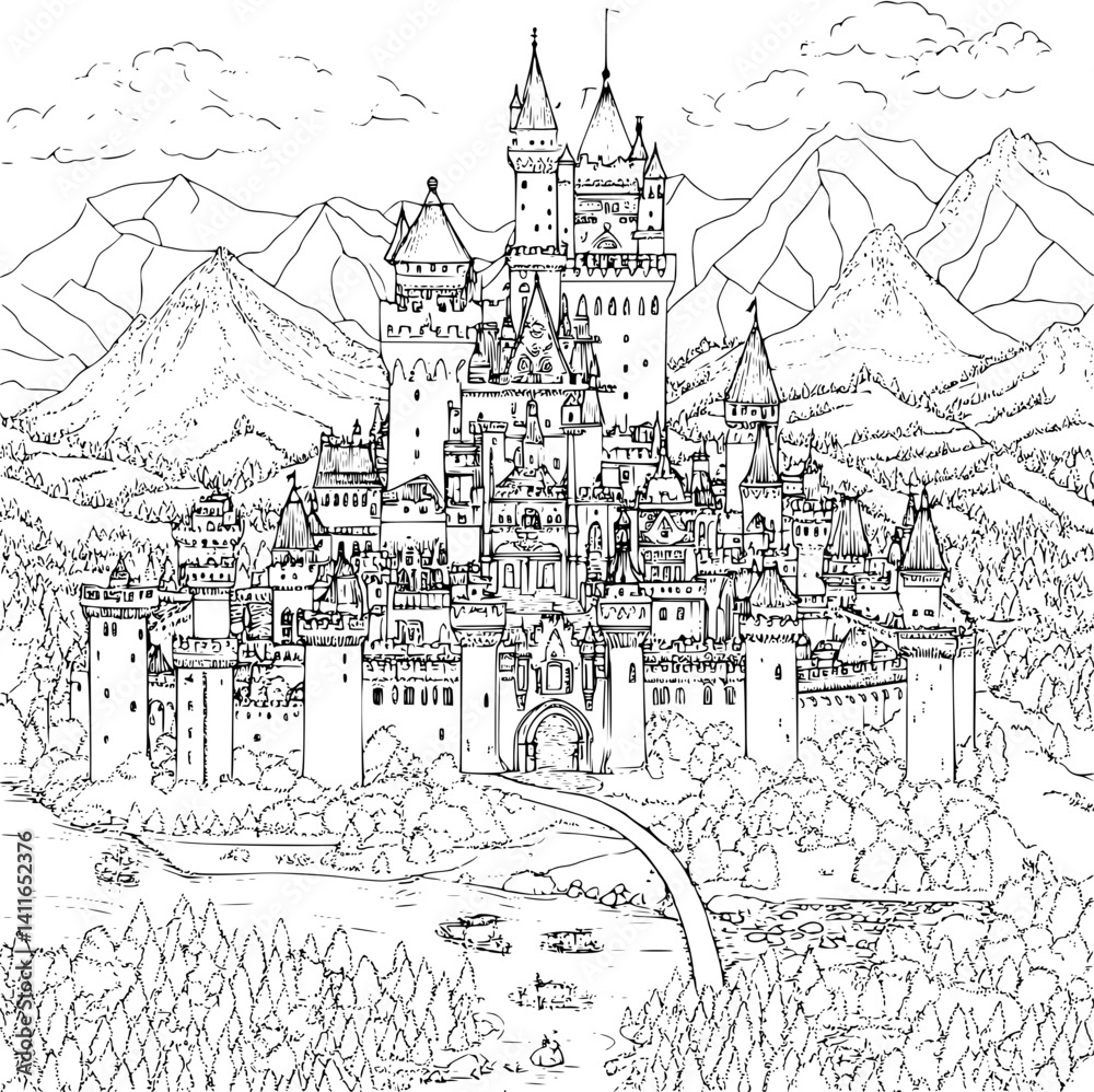 Naklejka premium Tudor style School coloring book design, Tudor style School illustration art