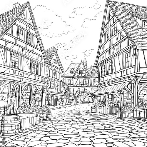 Tudor style Market hall coloring book design, Tudor style Market hall illustration art