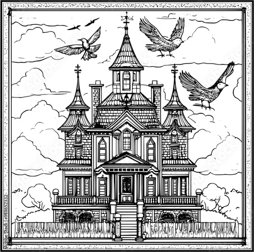 Tudor style Hunting lodge coloring book design, Tudor style Hunting lodge illustration art