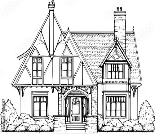 Tudor style Manor house coloring book design, Tudor style Manor house illustration art