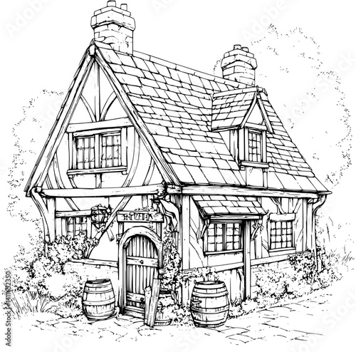 Tudor style Tavern coloring book design, Tudor style Tavern illustration art