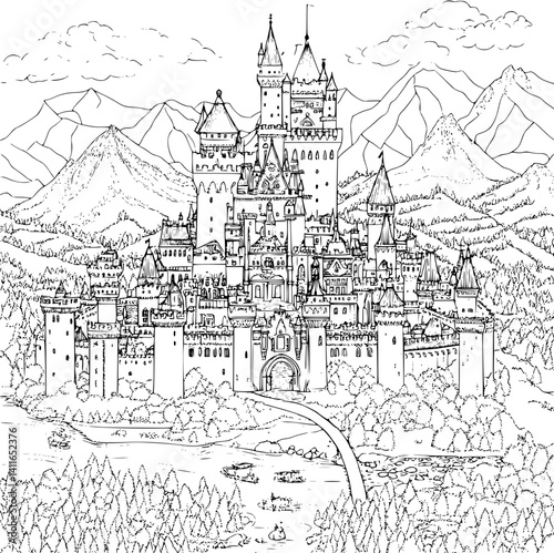 Tudor style School coloring book design, Tudor style School illustration art