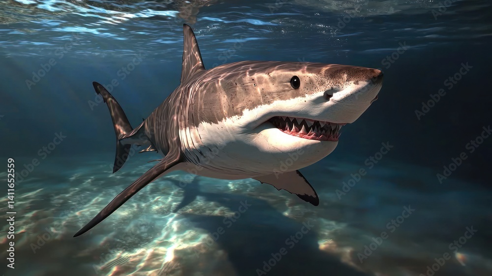 Naklejka premium Underwater great white shark, ocean depths, hunting pose, sunlight through water