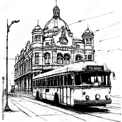 Victorian style Bus terminal coloring book design, Victorian style Bus terminal illustration art