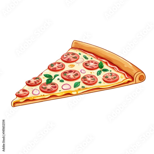 Delicious slice of pizza with fresh tomatoes and herbs on a wooden background ready to be enjoyed