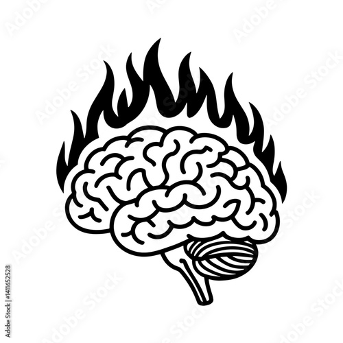 Creative illustration of a brain surrounded by flames symbolizing intense thought or stress