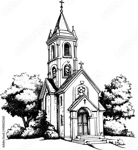 Victorian style Church coloring book design, Victorian style Church illustration art