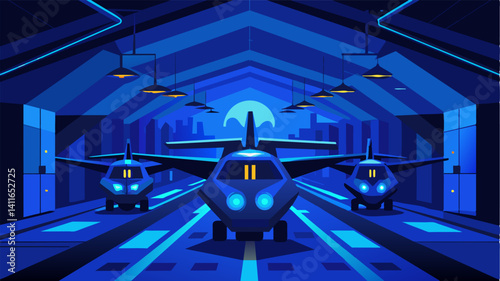 Eerie blue lights illuminate the eVTOL hangar revealing rows of advanced aircraft waiting to be used for further research and development.. Vector illustration