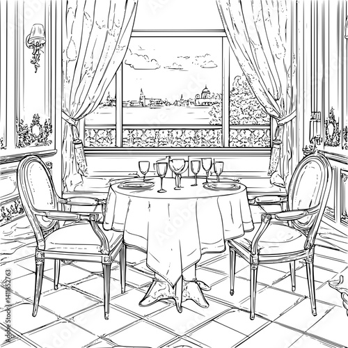 Victorian style Restaurant coloring book design, Victorian style Restaurant illustration art
