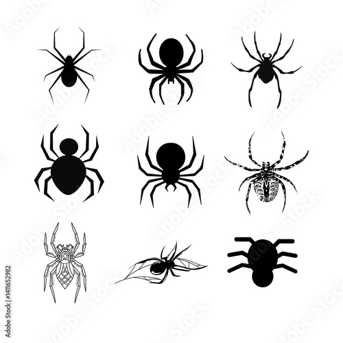 Collection of spider silhouette logo icons, with transparent background.