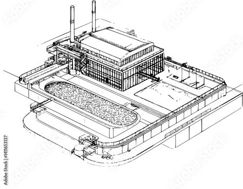 Aquaculture facility blueprint line art, Aquaculture facility vector graphic