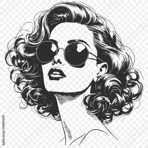 Black and white sketch of a woman with curly hair. Ideal for beauty blogs, fashion magazines, salon advertisements, and art prints. vintage artistic style sketch engraving illustration. 