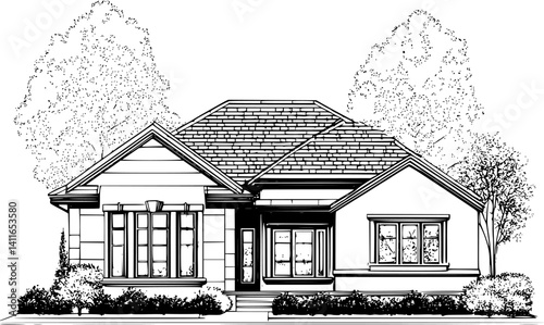Bungalow blueprint line art, Bungalow vector graphic
