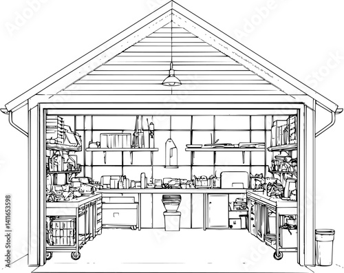 Blueprint design of Garage, Garage line art vector graphic