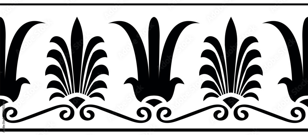 Vector seamless classic greek ornament border. Greek floral meander, palmette. Endless European pattern border. Border Ancient Greece, Roman Empire. For textile, engraving, embroidery, porcelain. EPS