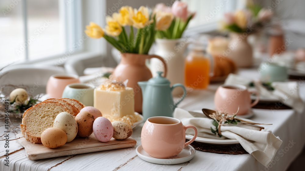 Naklejka premium Easter Brunch Table Setting: Pastel-colored teacups and plates, freshly baked bread, Easter eggs, and a vase of yellow tulips create a charming Easter brunch table setting.